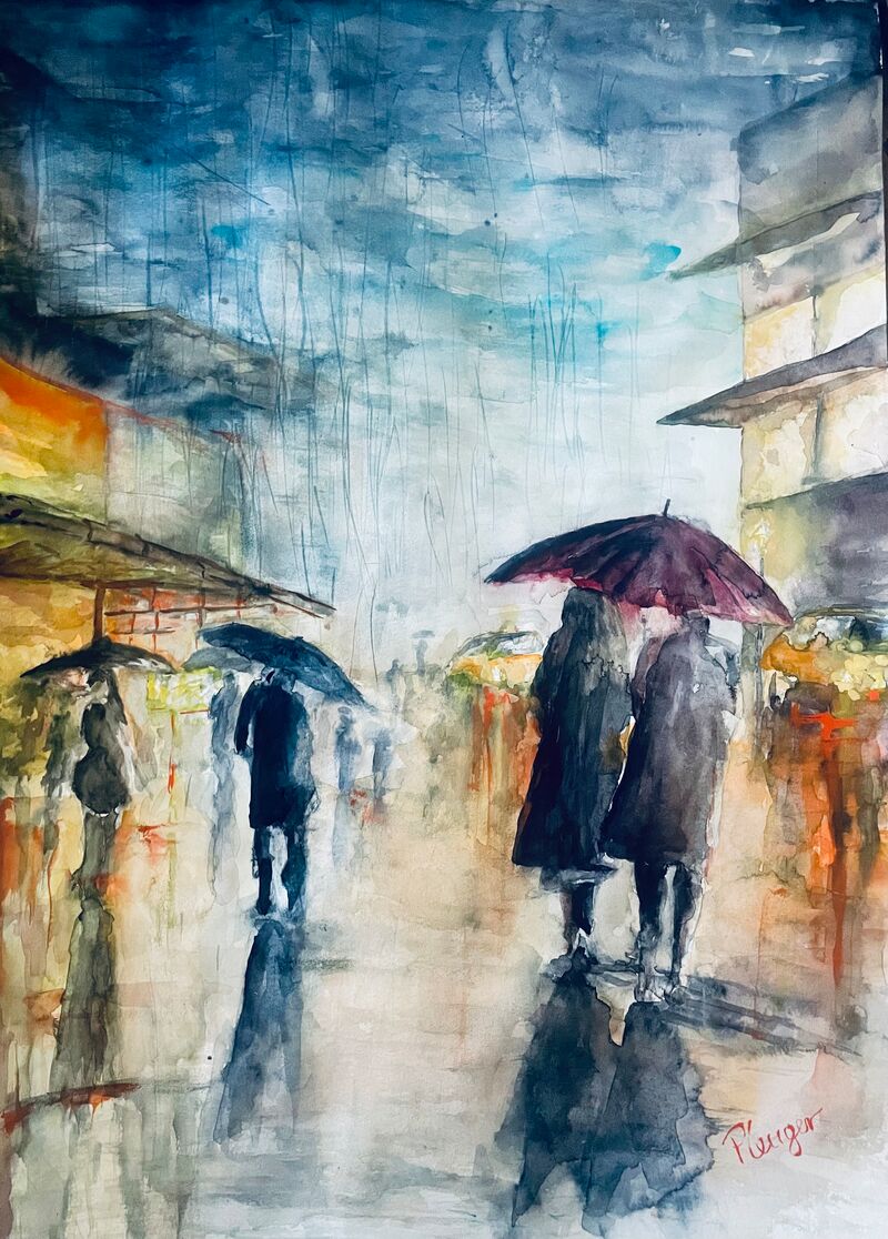 Moderne Kunst einer Fußgängerszene in Aquarell
