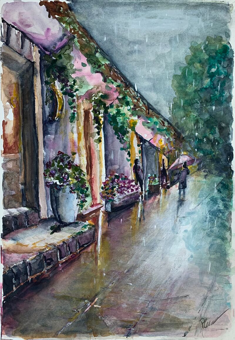 Moderne Kunst einer Fußgängerszene in Aquarell